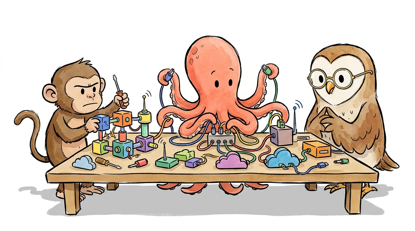 Tres personajes del elenco ensamblando piezas modulares en una mesa de taller
