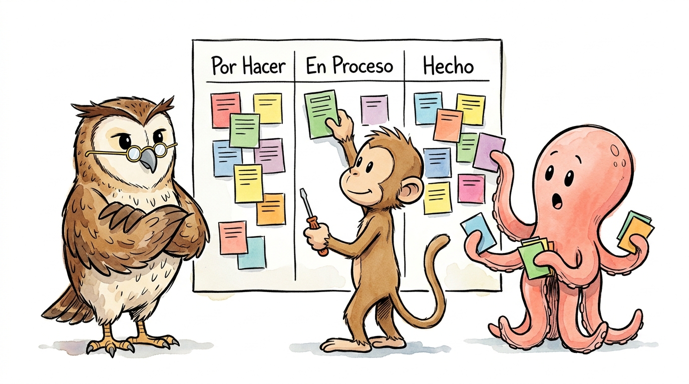 Tres personajes del elenco trabajando juntos en un tablero con tarjetas de colores