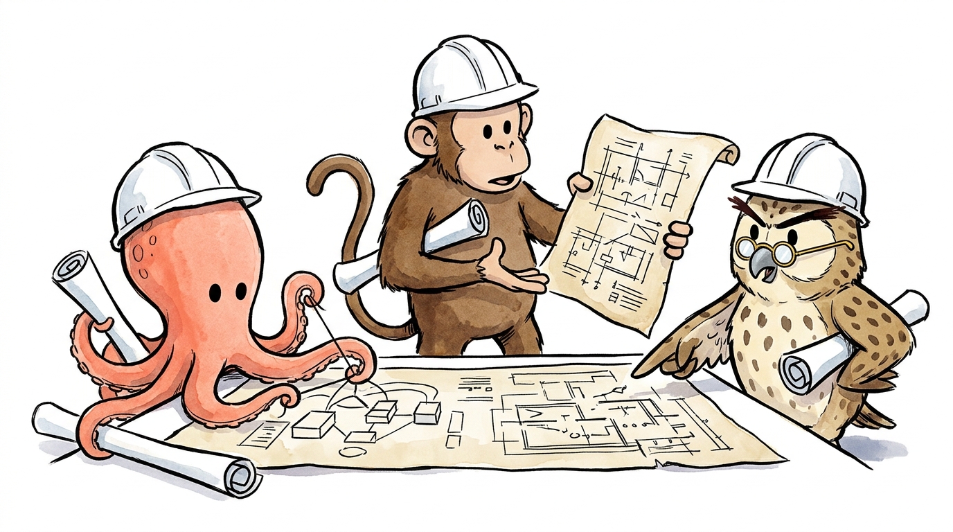Tres personajes del elenco vestidos de arquitectos discutiendo principios de arquitectura cloud