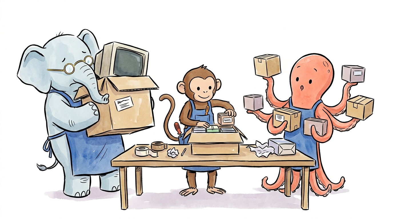 Tres personajes del elenco con delantales de empaque comparando una caja grande con monitor antiguo y varias cajas chicas
