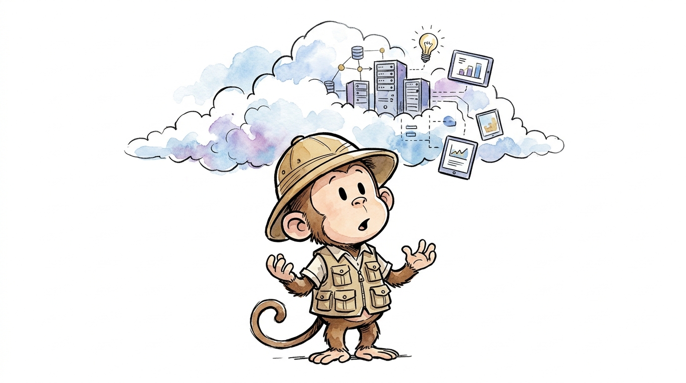 Personaje del elenco vestido de explorador descubriendo cajas digitales en el cielo