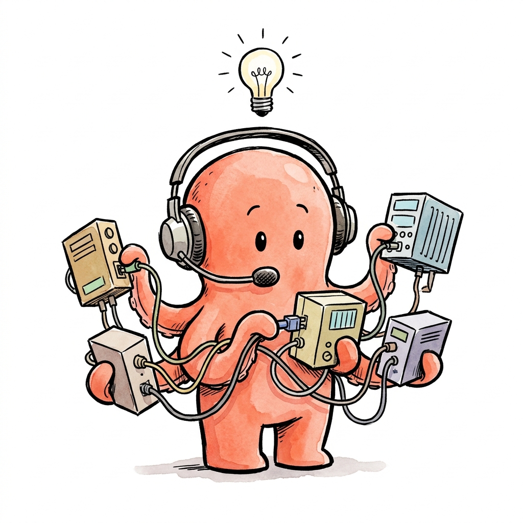 Personaje del elenco vestido de operador de centralita conectando varias cajas con cables