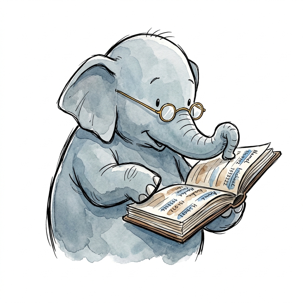 Personaje del elenco buscando un nombre en una agenda de contactos gruesa