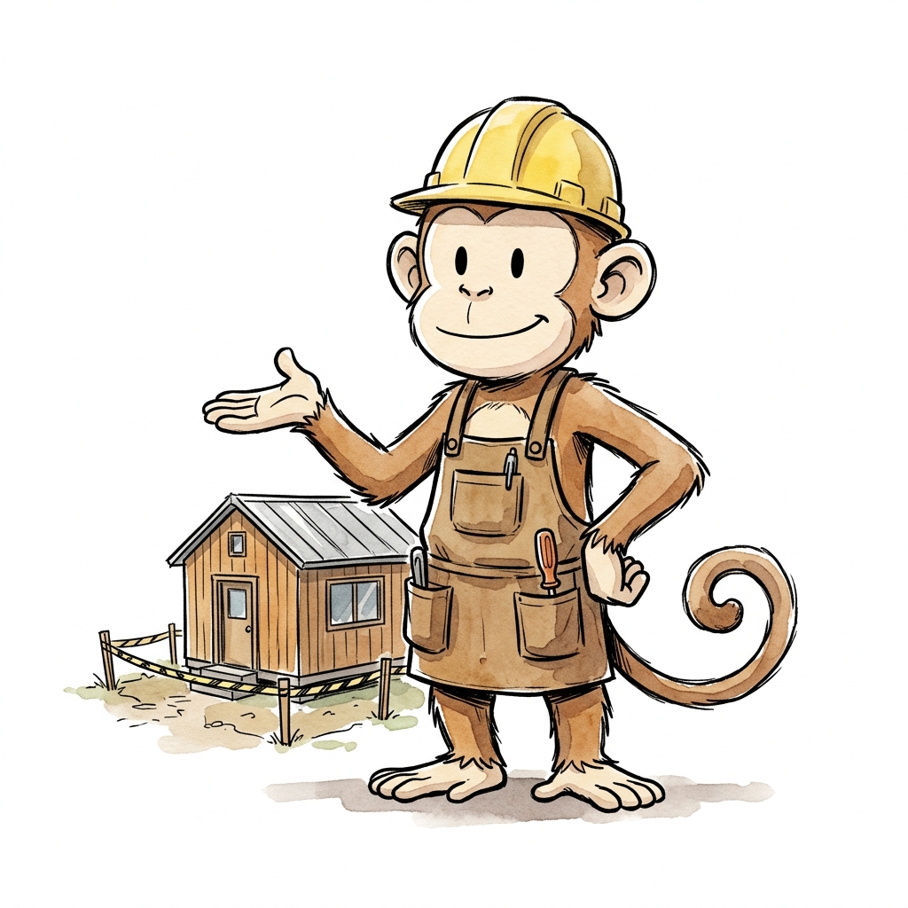 Personaje del elenco vestido de propietario mostrando su casa modular recién construida sobre un terreno alquilado