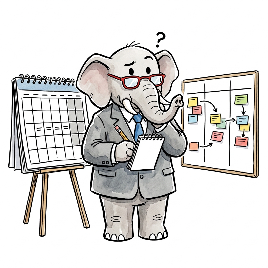 Personaje del elenco vestido de gerente comparando un calendario con bloques y un tablero con tarjetas