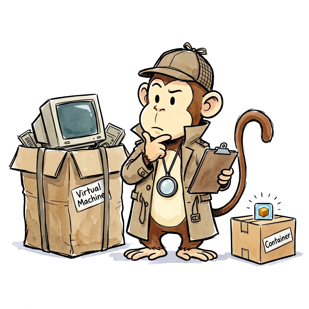 Personaje del elenco vestido de inspector comparando una caja grande con monitor antiguo y una caja chica con una app adentro